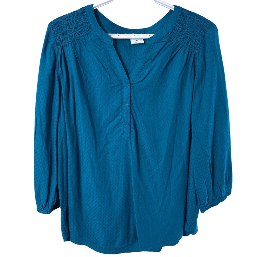 Croft & Barrow Womens XL Teal Blue Dobby Smocked V-Neck 3/4 Sleeve Blouse NEW